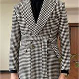 Thousand Bird Grid Stylish Suit Blazer Hombre DoubleBreasted Mid Length Retro Men Coat Belt Suit Blazer Chaqueta Invierno Hombre