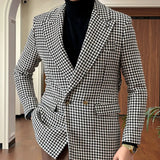 Thousand Bird Grid Stylish Suit Blazer Hombre DoubleBreasted Mid Length Retro Men Coat Belt Suit Blazer Chaqueta Invierno Hombre