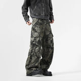 FOESCE Vintage Leaf Pattern Camouflage Cargo Pants High Street Tide Design Tie-Dye Trousers Side Large Pockets Baggy Casual Pants