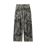 FOESCE Vintage Leaf Pattern Camouflage Cargo Pants High Street Tide Design Tie-Dye Trousers Side Large Pockets Baggy Casual Pants