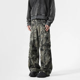 FOESCE Vintage Leaf Pattern Camouflage Cargo Pants High Street Tide Design Tie-Dye Trousers Side Large Pockets Baggy Casual Pants