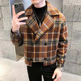 FOESCE Wool Blend Trench Jackets Autumn Winter Short Loose Jacket Korean Fashion Plaid Jacket Mens Double-Breasted Tweed Coat