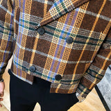 FOESCE Wool Blend Trench Jackets Autumn Winter Short Loose Jacket Korean Fashion Plaid Jacket Mens Double-Breasted Tweed Coat