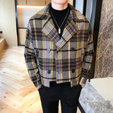 FOESCE Wool Blend Trench Jackets Autumn Winter Short Loose Jacket Korean Fashion Plaid Jacket Mens Double-Breasted Tweed Coat