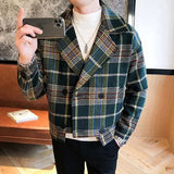 FOESCE Wool Blend Trench Jackets Autumn Winter Short Loose Jacket Korean Fashion Plaid Jacket Mens Double-Breasted Tweed Coat