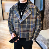 FOESCE Wool Blend Trench Jackets Autumn Winter Short Loose Jacket Korean Fashion Plaid Jacket Mens Double-Breasted Tweed Coat