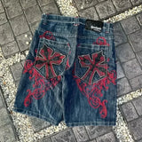 FOESCE Y2K American Street Embroidery High Waist Washed Oversized Denim Shorts Harajuku Retro Trendy Brand Jeans Men Goth Punk Shorts