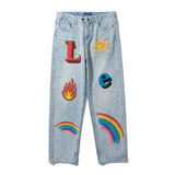 Foesce Rainbow Jeans Graphic Denim Trousers Trendyol Men Flame Blue Man Printed Men's Fashion Harajuku Pants Hip Hop Baggy Oversized