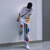 Foesce Rainbow Jeans Graphic Denim Trousers Trendyol Men Flame Blue Man Printed Men's Fashion Harajuku Pants Hip Hop Baggy Oversized