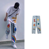 Foesce Rainbow Jeans Graphic Denim Trousers Trendyol Men Flame Blue Man Printed Men's Fashion Harajuku Pants Hip Hop Baggy Oversized