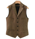 Mens Vest Classic Brown Suit  Wool Tweed Notch Lapel Waistcoat Herringbone Groomsmen Winter Coat For Wedding