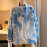 Men's Tie Dye Shirts Long Sleeve Fashion Trend Shirts Cloud Printing Loose Shirts Casual Coats Blue Color Camisa Masculina