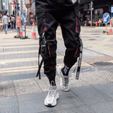 Hip Hop Joggers Men Letter Ribbons Cargo Pants Pockets Track Tactical Casual Techwear Male Trousers Sweatpants Sport Streetwear