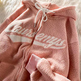 Foesce-Polar Fleece Hoodies Women Casual Embroidery Winter Clothes Women Sweatshirts Vintage Pink Tops Retro Winter Women Hoodie Top