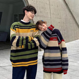 Foesce Men's Japanese Pullover Round Neck Color Matching Coats Striped Wool Sweaters Loose Lazy Style Retro Cashmere Knitting