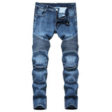 High Quality Men Casual Jeans Coated Straight Pleated Biker Jeans Male Motorcycle Denim Pants Vaqueros Hombre Plus Size