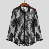 Men Mesh Shirt Lace Lapel Long Sleeve Transparent Streetwear Sexy Camisas Fashion Party Nightclub Shirts Men S-5XL