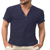 New Men's T-shirt V-neck single breasted design Men tshirt Casual fashion Cotton and Linen Breathable SolidColor Shirt Male