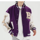 Men Varsity Bomber Jacket Harajuku Korea Bone Letter Patchwork Hip Hop Streetwear Single Bbreasted Baseball Coats Unisex College