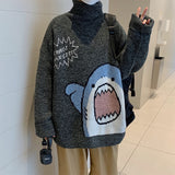 Foesce Men Turtlenecks Shark Sweater Men Winter Patchwor Harajuku Korean Style High Neck Oversized Grey Turtleneck For Men