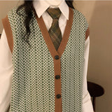 Argyle Sweater Vest Women Loose Sleeveless Outerwear Single Breasted V-neck Vintage Soft High Quality Korean Style Teens Leisure