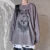 Long-sleeved T-shirt Tops Women Streetwear Top Goth Harajuku Skull T Shirt Funeral Graffiti Dark High Street Loose Bottoming