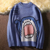 Foesce Men Turtlenecks Shark Sweater Men Winter Patchwor Harajuku Korean Style High Neck Oversized Grey Turtleneck For Men