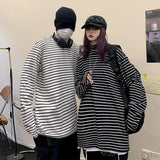 Punk T-shirt Men Tshirt Women Couples Harajuku Bf Wind Loose Striped High-necked Long-sleeved Students Bottoming Clothes