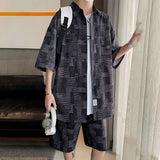 Summer Man Sets Short Sleeve Oversized Shirts Shorts Korean Style Patch Plaid Casual Short Suit Clothing Men Black Blue 5XL