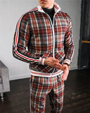 Men Tracksuit Men's Sets Two-piece Striped Lattice Suit Zipper Jacket+Fashion pants men Sport Suit High Quality Slim Sportswear