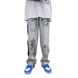 Foesce Chic fashion brand jeans men's Korean version loose and fashionable floor long pants new personalized printed straight