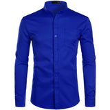 Foesce Men's Royal Blue Dress Shirts Brand Banded Mandarin Collar Shirt Male Long Sleeve Casual Button Down Shirt with Pocket 2XL