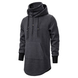 Foesce New Men Slim Long section High collar Hooded Sweatshirt Man Extend Curved hem Solid black Cotton Casual Pullover Hoodies