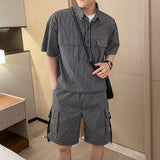 Summer Men's Fashion Sets Short Sleeve Tracksuit Shorts Lapel Collar Loose Plaid Shirts Sportswear Set Leisure Clothes