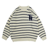 Letter Embroidery Striped Round Neck Knitted Sweater Men's Pullover Korean High Street Casual Oversize Couple Sweaters