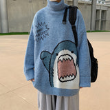 Foesce Men Turtlenecks Shark Sweater Men Winter Patchwor Harajuku Korean Style High Neck Oversized Grey Turtleneck For Men