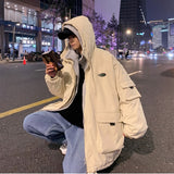 Men's fashion fake two-piece hooded cotton-padded jacket Korean version of labeling tooling thick coat autumn/winter warm jacket