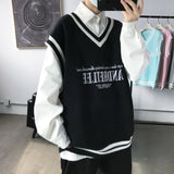 Foesce Fashion V-neck Plush College Style Mens Vintage Knitted Vest Trend Harajuku Hip Hop Casual Loose Black Couple Knitted Sweater