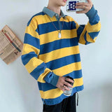 Foesce Men's Blue White Stripe Printing Outerwear Cowboy Lapel Pullover Loose Male Coats Casual Clothes Hoodies Cotton Sweatshirts