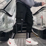 Men Cargo Pants Black Ribbons Block Multi-Pocket Harem Joggers Harajuku Sweatpant Hip Hop Casual Harem Tide Male Trousers