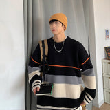 Striped sweater men's autumn and winter fashion brand loose color matching sweater coat versatile lazy wind thickened round neck