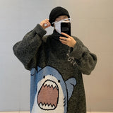 Foesce Men Turtlenecks Shark Sweater Men Winter Patchwor Harajuku Korean Style High Neck Oversized Grey Turtleneck For Men