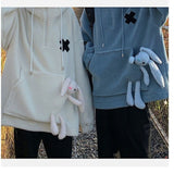 Lambwool Men's Hoodies Autumn and Winter Fleece Thicken Loose Trend Rabbit Accessories Kangaroo Pocket Couple Clothes Sweatshirt