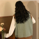 Argyle Sweater Vest Women Loose Sleeveless Outerwear Single Breasted V-neck Vintage Soft High Quality Korean Style Teens Leisure