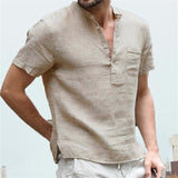 New Men's T-shirt V-neck single breasted design Men tshirt Casual fashion Cotton and Linen Breathable SolidColor Shirt Male