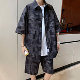 Summer Man Sets Short Sleeve Oversized Shirts Shorts Korean Style Patch Plaid Casual Short Suit Clothing Men Black Blue 5XL