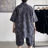 Summer Man Sets Short Sleeve Oversized Shirts Shorts Korean Style Patch Plaid Casual Short Suit Clothing Men Black Blue 5XL