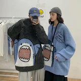 Foesce Men Turtlenecks Shark Sweater Men Winter Patchwor Harajuku Korean Style High Neck Oversized Grey Turtleneck For Men