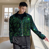 Men's Chic Niche Sequin Design Short Coat Colorblocked Patchwork Zipped Jacket  Autumn New Casual Green Clothing