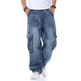 Large Size 46 Loose Jeans Men Denim Pants Straight Pocket Baggy Casual Streetwear Hip Hop Brand Blue Wide Leg Cargo Trousers